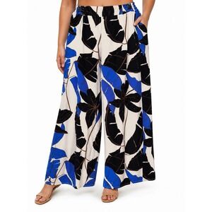 Sofia Jeans Womens Pants XXL Blue Black Leaf Print Wide Leg Pull On